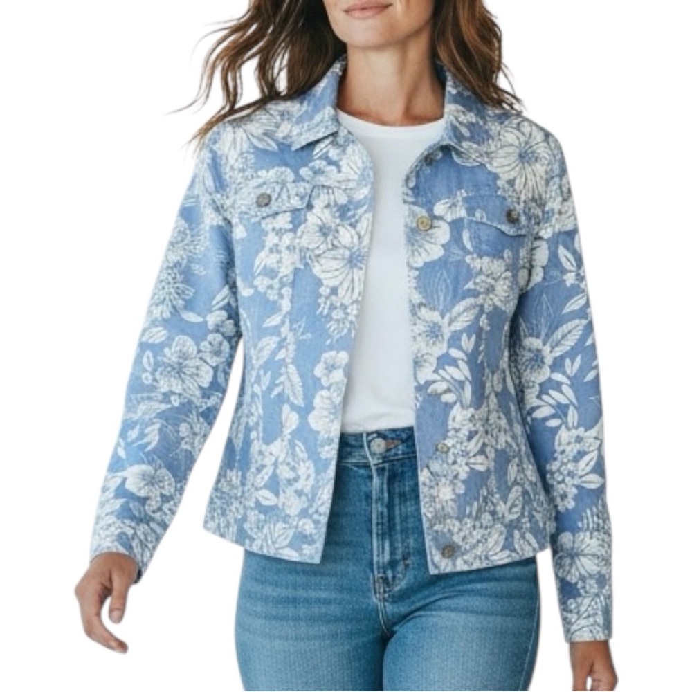 C&C California NWT 100% Linen Floral Jacket Blue White Coat Pockets Women Large